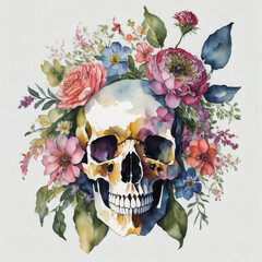 Watercolor illustration of human skull with beautiful flowers. Hand drawn art.