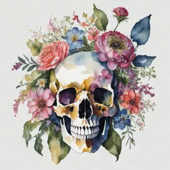 Papier peint Crâne aquarelle Watercolor illustration of human skull with beautiful flowers. Hand drawn art.