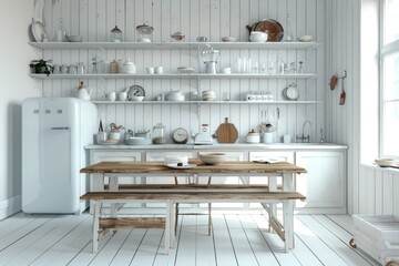 Fototapeta na wymiar Scandinavian classic kitchen with wooden and white details, minimalistic interior design, 3d illustration