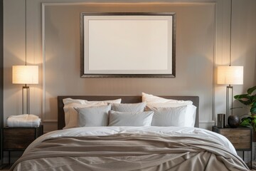 Fototapeta na wymiar Sample frame set against a comfortable taupe bedroom backdrop