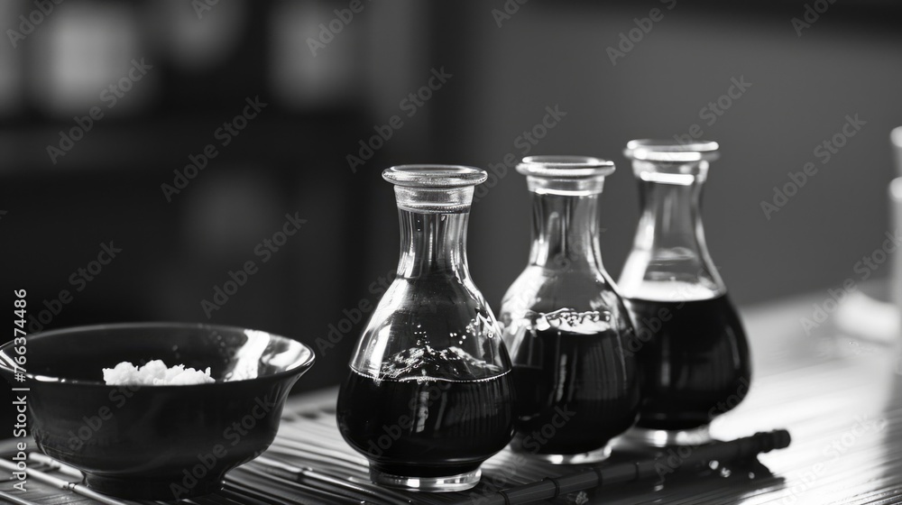 Poster three small glass bottles of liquid are lined up on a table. the bottles are filled with a dark liqu