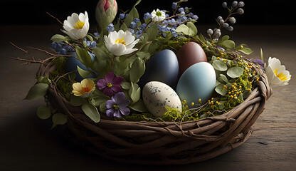 Obraz na płótnie Canvas The arrangement of vividly dyed eggs in a picturesque basket, surrounded by delicate spring flowers and foliage, serves as a poignant symbol of rebirth and new beginnings during Easter celebrations.