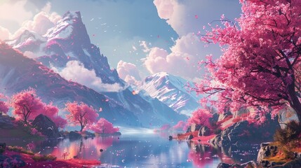 Magnificent Mountain Landscape with Blooming Cherry Blossom Trees and Serene Lake Reflection