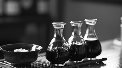 Three small glass bottles of liquid are lined up on a table. The bottles are filled with a dark liquid, and the table is covered with a black and white background - obrazy, fototapety, plakaty