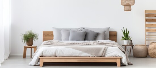 Wooden bedframe with soft pillows placed in a serene white bedroom