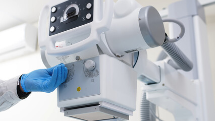 A specialist radiologist doctor installs an x-ray scanner for a patient. Medical research, injury and treatment concept.