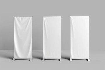 Three white banners are displayed on a grey background. The banners are all the same size and shape, and they are all white