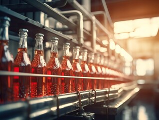 Modern beverage bottling plant with bottles for carbonated drinks and water