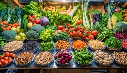 Healthy food in a grocery store. A variety of colorful vegetables, leafy greens and legumes for a balanced and nutrient-rich diet - obrazy, fototapety, plakaty