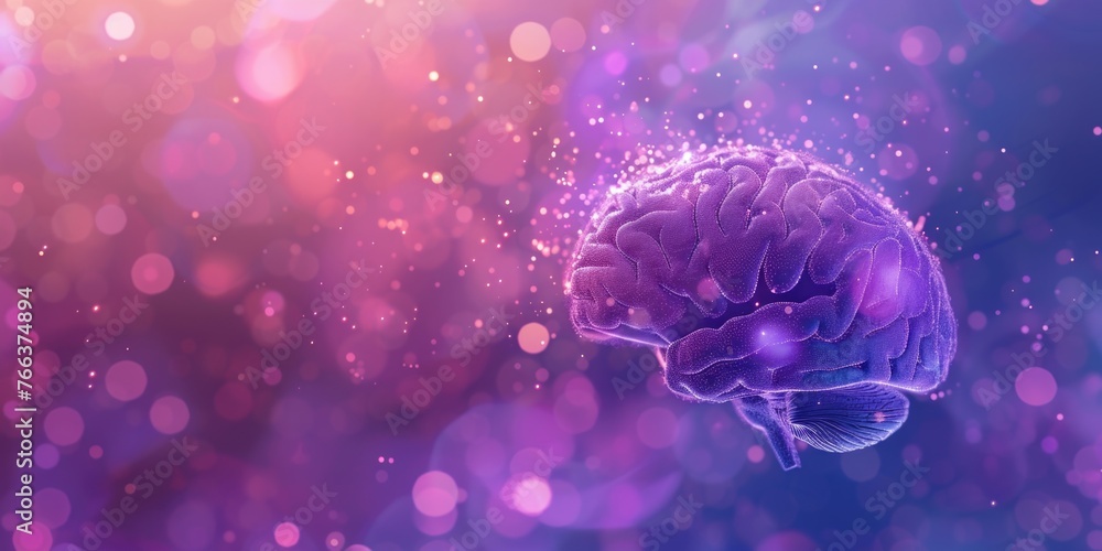 Poster a brain is shown in a purple and pink background with a lot of sparkles. the brain is surrounded by 