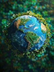Obraz na płótnie Canvas A small globe with green leaves surrounding it