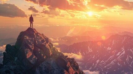 A man stands on a mountain peak, looking out at the sunset. The sky is filled with clouds, and the sun is setting in the distance. The scene is peaceful and serene, with the man feeling a sense of awe - Powered by Adobe