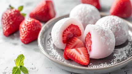 Fresh strawberry mochi ice cream on a plate with powdered sugar, a traditional Japanese dessert perfect for summer or celebrations, close-up with whole strawberries