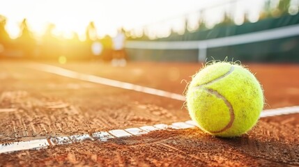 Illustrate a dynamic composition depicting a tennis ball bouncing on the clay court mid-point, with blurred background suggesting - obrazy, fototapety, plakaty