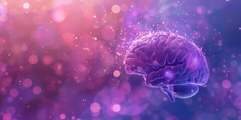 A brain is shown in a purple and pink background with a lot of sparkles. The brain is surrounded by a lot of light and it looks like it is floating. Scene is one of wonder and curiosity