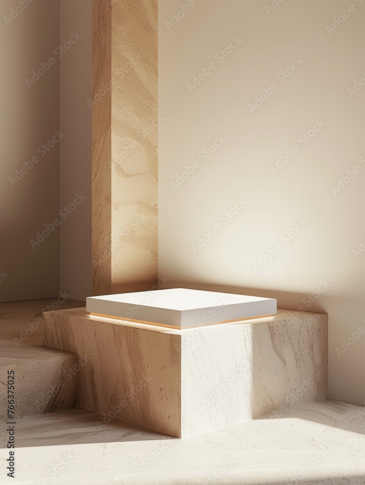 Poster a white square sits on a stone platform. the platform is part of a larger structure, and the square 