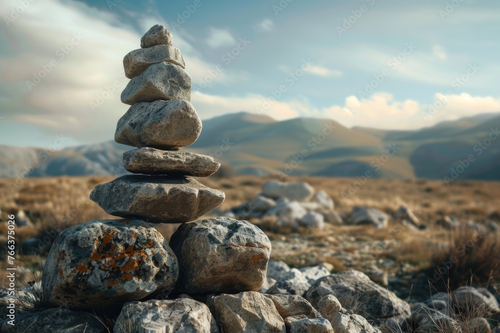Poster a stack of rocks on a hillside. the rocks are piled on top of each other, creating a pyramid shape. 