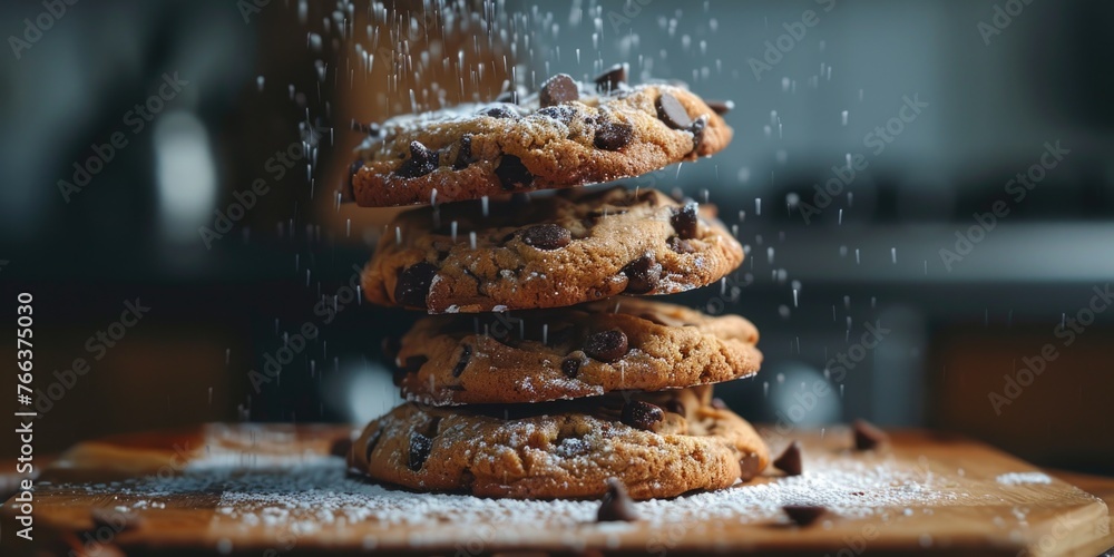 Aufkleber a stack of chocolate chip cookies with powdered sugar on top. the cookies are piled on top of each o