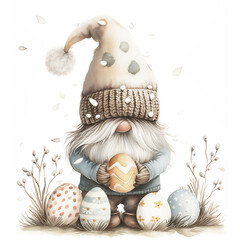 Gnome holding Easter egg in the meadow with spring flowers and colorful eggs. Watercolor illustration on white background