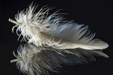 Isolated White Swan Feather on Mirrored Surface with Soft Lighting