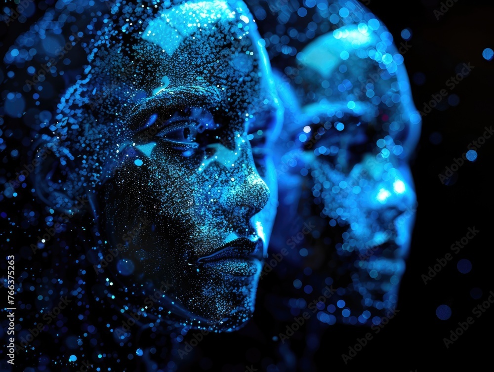 Poster a woman's face is shown in a blue and white color scheme. the image is abstract and has a futuristic