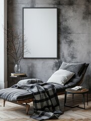 Modern Scandinavian Living Room Interior with Chaise Longue and Blank Poster Frame