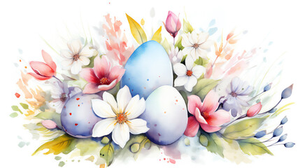Pastel colored Easter eggs with flowers. Watercolor illustration on white background