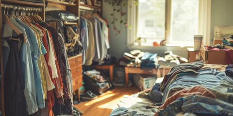 A messy bedroom with clothes scattered all over the floor and bed. The room has a cluttered and disorganized appearance, which may suggest a lack of cleanliness or a busy lifestyle - obrazy, fototapety, plakaty
