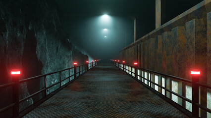 Three-Dimensional Illustration with a mysterious under the ground corridor / mine with old metal rusty construction with stone walls and bright lights in cyber punk / sci-fi style