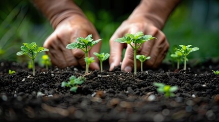 Planting Seedlings: Hands Carefully Placing Young Plants into Soil
