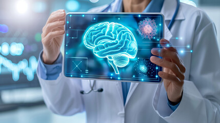 Healthcare professional interacting with a futuristic augmented reality display of a human brain, a concept for advanced medical technology and diagnostics