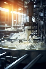 A machine in an industrial setting is seen pouring milk into a bowl. The bowl is likely part of a larger production line for food processing or manufacturing