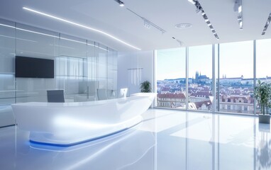 Modern office lobby space featuring a clean white reception desk and TV monitor