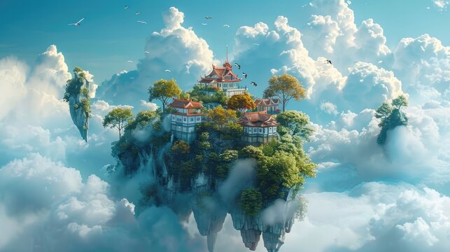 Enchanting Floating Island Oasis Amidst Ethereal Clouds and Serene Waterfalls in Tranquil Fantasy Landscape