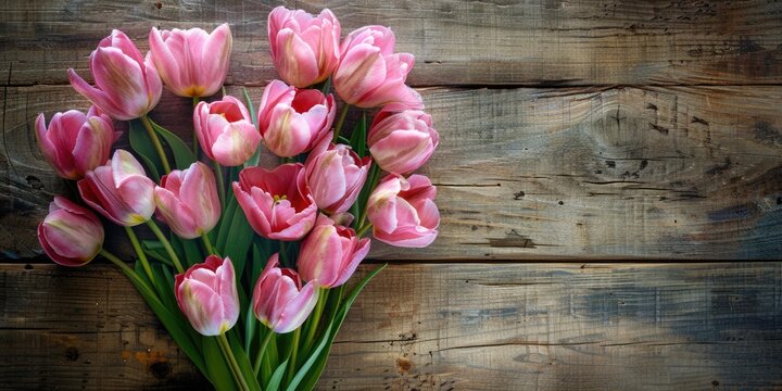 A bouquet of pink tulips is arranged in a heart shape on a wooden surface. The flowers are the main focus of the image, and the heart shape adds a romantic and sentimental touch to the scene