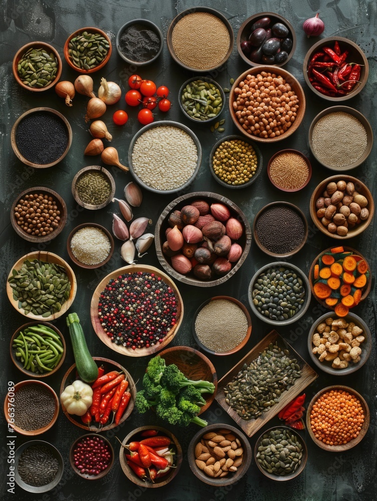 Poster a variety of spices and vegetables are displayed in bowls on a counter. concept of abundance and var