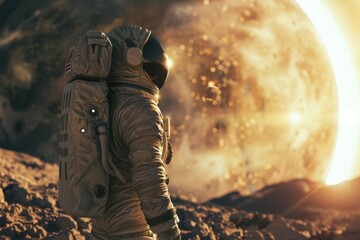 A man in a space suit stands on a rocky surface looking up at a large planet. The scene is set in a science fiction world, and the man is an astronaut exploring the planet