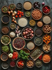 A variety of spices and vegetables are displayed in bowls on a counter. Concept of abundance and variety, with a focus on the different types of food and their colors. Scene is lively and inviting