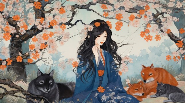 A woman sits in a forest with a fox and a wolf. The woman is wearing a blue kimono and has a flower in her hair