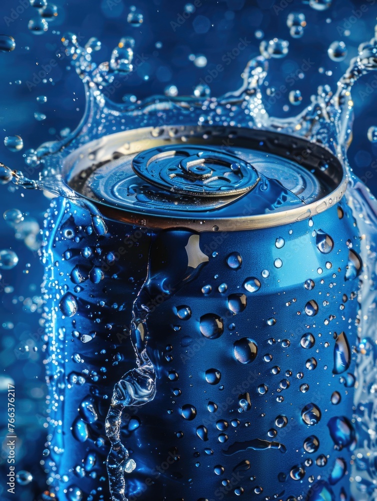 Poster a can of soda is sitting in a pool of water. the water is splashing around the can, creating a fun a