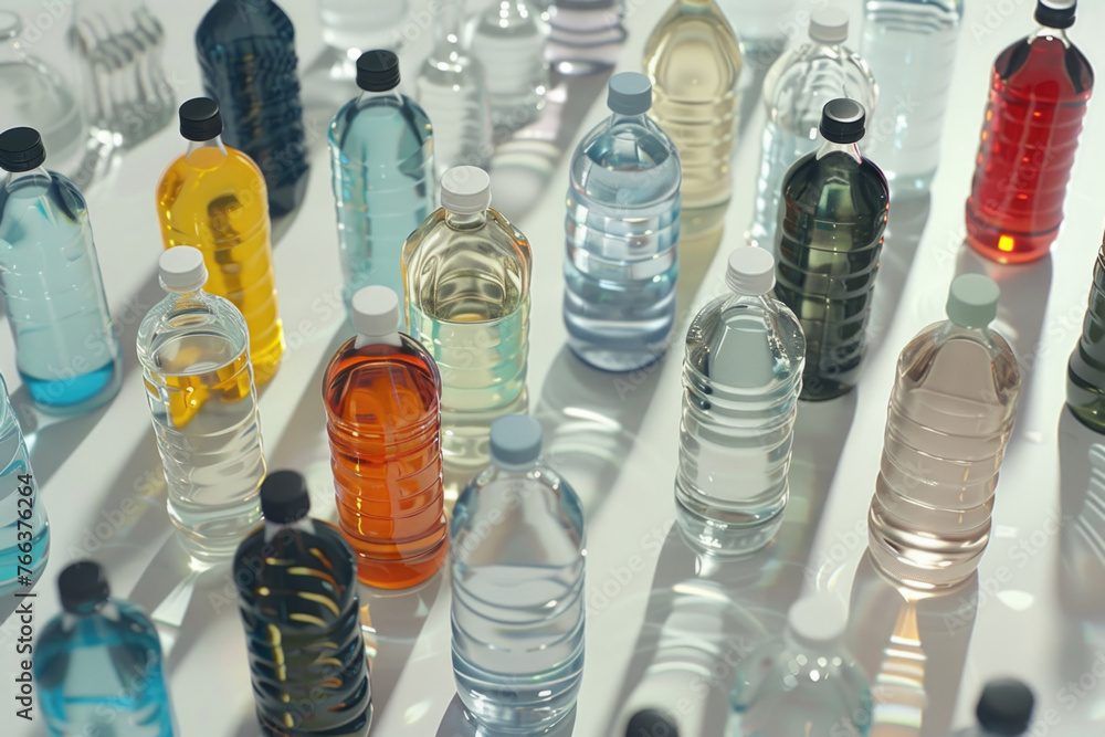 Aufkleber a row of water bottles in various colors and sizes. the bottles are arranged in a way that they are 