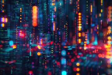 A colorful cityscape with many lights and dots. The image is abstract and has a futuristic feel to it