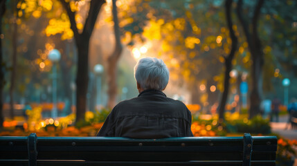 Elderly person sitting alone on a park bench during autumn, contemplating nature, with warm golden leaves and soft sunset light in the background - obrazy, fototapety, plakaty