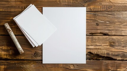 Blank mock-up paper for a portrait. White paper isolated on wood, with a mutable background, and a brochure magazine isolated on a brown wooden table