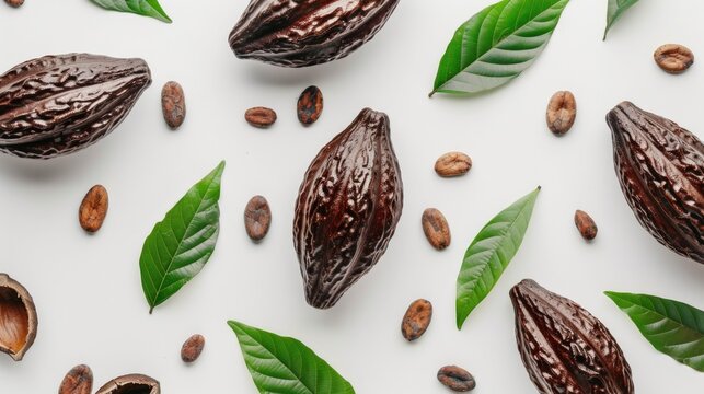 A close up of a bunch of chocolate covered cacao beans and leaves. The beans are surrounded by leaves and scattered around the image