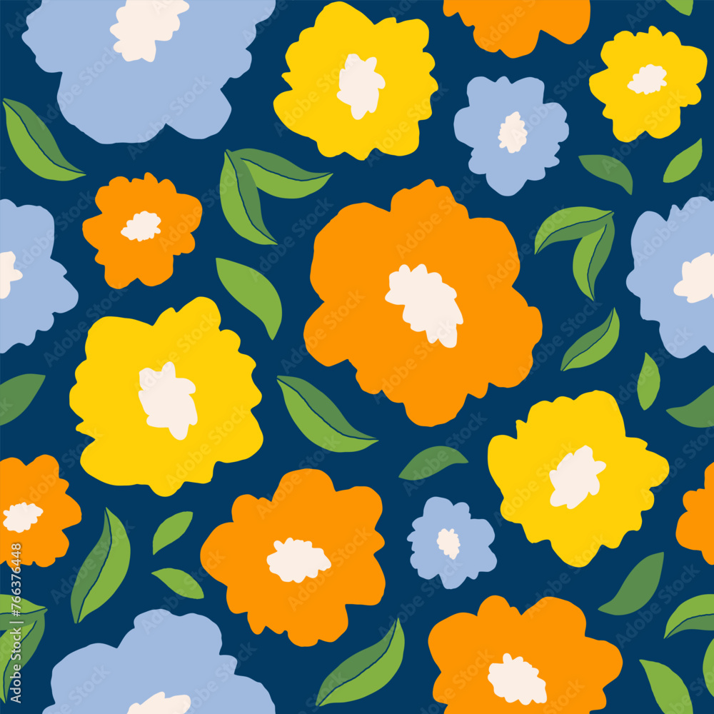 Poster abstract seamless pattern with colorful flowers and leaves on a blue background. floral spring textu