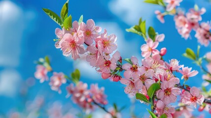 Close-up photo of peach blossoms in full bloom during spring, captured with a telephoto lens against a backdrop of blue sky and white clouds, illuminated by sunlight
