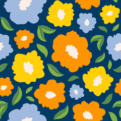 Abstract seamless pattern with colorful flowers and leaves on a blue background.  Floral spring texture. Vector illustration.