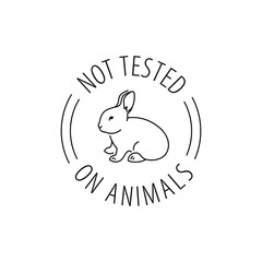 Cruelty free thin line icon. Not tested on animals outline logo sticker for animal friendly product packaging. Cute linear rabbit with text in circle. Vegan eco cosmetics. Simple lined badge