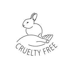 Cruelty free thin line icon. Not tested on animals outline logo sticker for animal friendly product packaging. Cute linear rabbit with text in circle. Vegan eco cosmetics. Simple lined badge